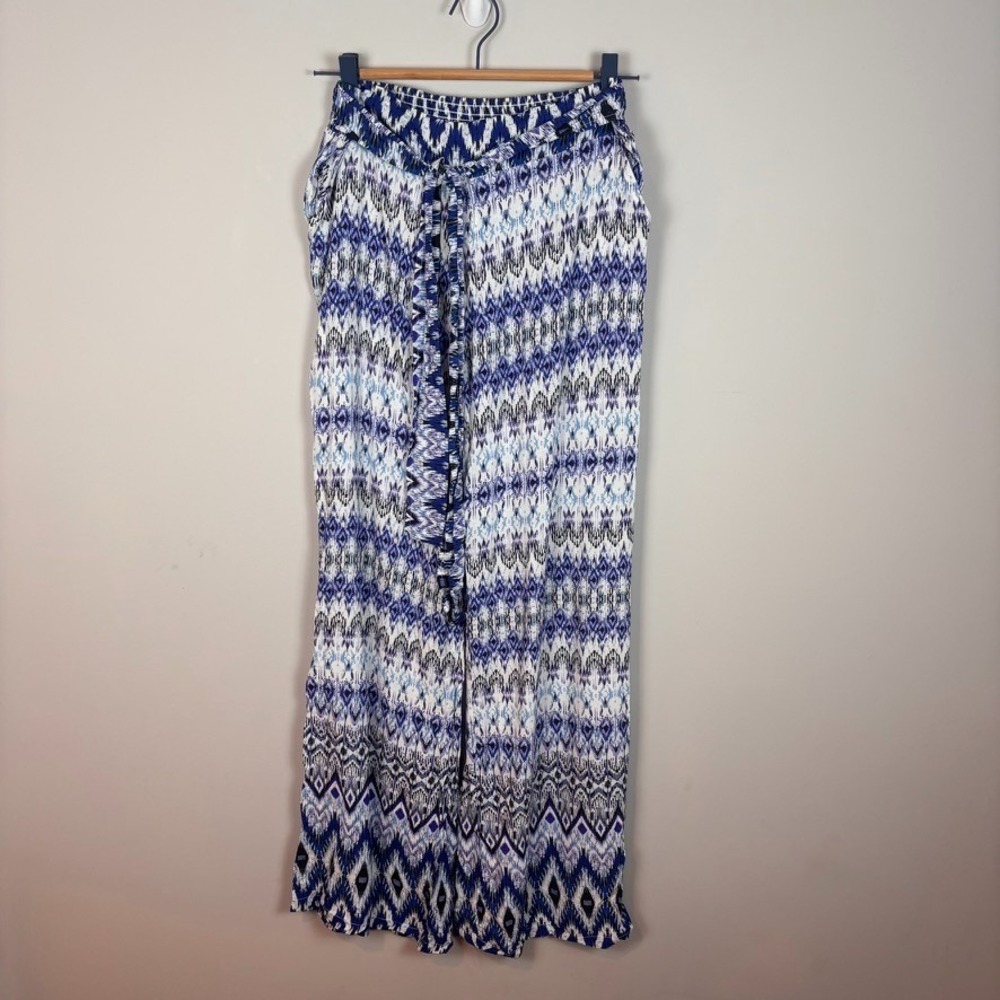 shosho Womens wide leg pull on blue boho resort pants size LG tie waist comfort